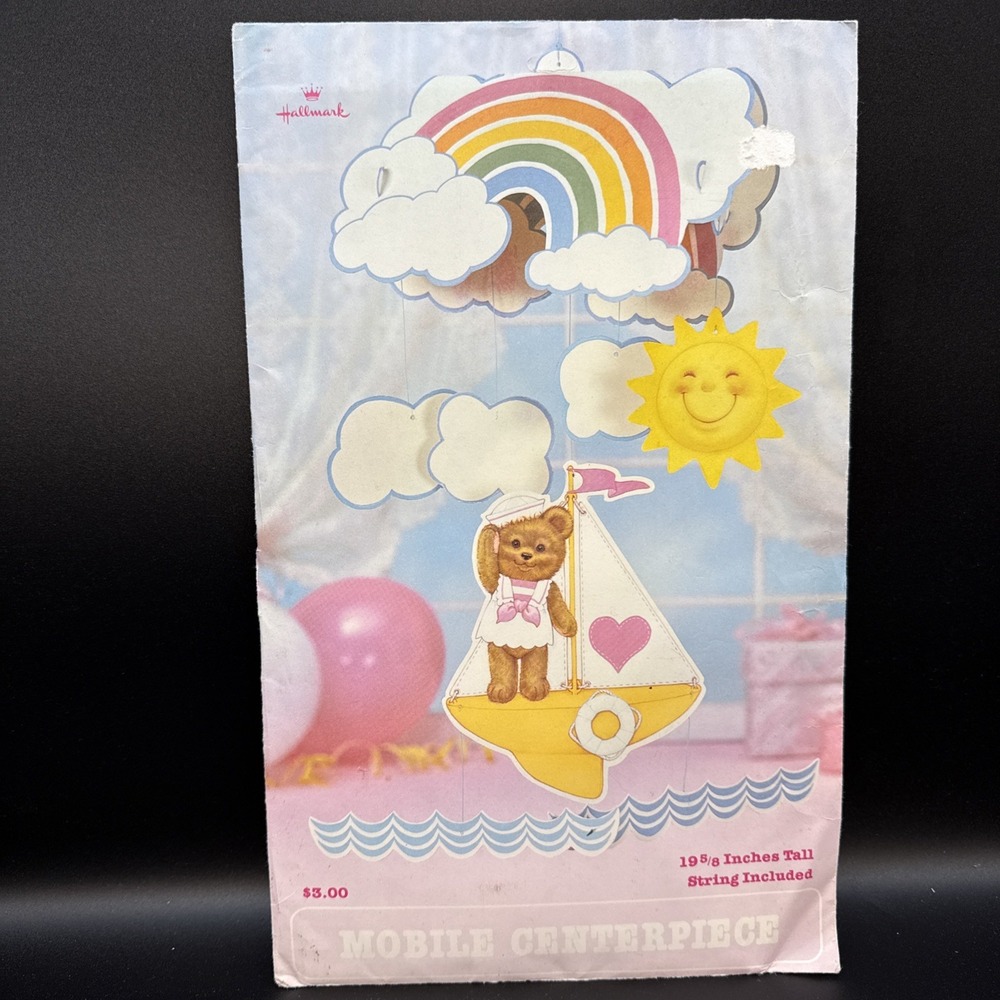 VTG 1983 Hallmark Pink Girl Bear & Boat Mobile Centerpiece 19 5/8 Inch & String